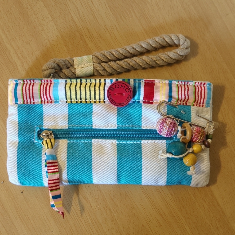 Soho Blue and White Striped Wristlet with Beaded Charm